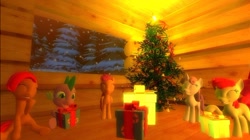Size: 1024x575 | Tagged: safe, artist:undeadponysoldier, apple bloom, babs seed, scootaloo, spike, sweetie belle, tree top, dragon, earth pony, pegasus, pony, unicorn, 3d, adorababs, adorabloom, applelove, best friends, cabin, christmas, christmas lights, christmas tree, cute, cutealoo, cutie mark crusaders, decoration, diasweetes, eyes closed, family, female, filly, foal, gift, giving, gmod, happy, hearth's warming eve, holiday, log cabin, male, ornament, ornaments, present, sitting, snow, spikabetes, spikelove, star, wholesome, window, winter
