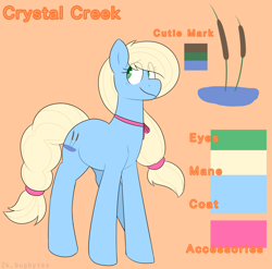 Size: 1925x1900 | Tagged: safe, artist:2k.bugbytes, oc, oc only, oc:crystal creek, earth pony, pony, blonde, blonde mane, blonde tail, blue coat, cutie mark, earth pony oc, eye clipping through hair, female, hair accessory, hair tie, mare, mother, reference sheet, smiling, solo, text