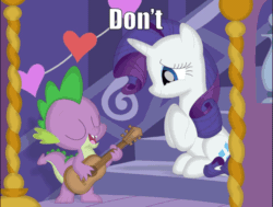 Size: 960x725 | Tagged: safe, artist:porygon2z, editor:undeadponysoldier, rarity, spike, dragon, pony, unicorn, animated, carousel boutique, cute, don't you want me, eyes closed, female, gif, guitar, happy, heart, image macro, male, mare, musical instrument, open mouth, raribetes, shipping, show accurate, singing, sitting, smiling, song reference, sparity, spikabetes, straight, text, the human league, twilight's castle