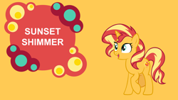 Size: 4400x2475 | Tagged: safe, artist:andoanimalia, derpibooru import, editor:quoterific, sunset shimmer, pony, unicorn, equestria girls, female, high res, mare, open mouth, orange background, simple background, solo, wallpaper