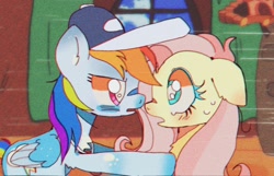 Size: 1024x660 | Tagged: safe, artist:bug-roux, derpibooru import, fluttershy, rainbow dash, pegasus, pony, hurricane fluttershy, cap, duo, duo female, ears, female, floppy ears, frown, hat, looking at each other, mare, open mouth, scene interpretation, sweat