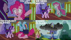 Size: 4400x2475 | Tagged: safe, derpibooru import, edit, edited screencap, editor:quoterific, screencap, pinkie pie, rainbow dash, starlight glimmer, earth pony, pegasus, pony, unicorn, every little thing she does, season 6, eyes closed, female, flying, mare, open mouth, twilight's castle