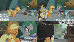 Size: 4400x2475 | Tagged: safe, derpibooru import, edit, edited screencap, editor:quoterific, screencap, applejack, petunia paleo, earth pony, pony, season 7, shadow play, applejack's hat, clothes, cowboy hat, eyes closed, female, filly, foal, hat, male, mare, open mouth, open smile, professor fossil, smiling, stallion