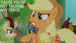 Size: 1920x1080 | Tagged: safe, derpibooru import, edit, edited screencap, editor:quoterific, screencap, applejack, earth pony, kirin, pony, season 8, sounds of silence, spoiler:s08, apple, applejack's hat, clothes, cowboy hat, female, food, hat, mare, tree