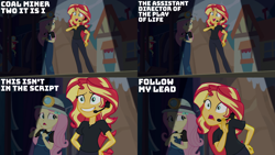 Size: 4400x2475 | Tagged: safe, derpibooru import, edit, edited screencap, editor:quoterific, screencap, apple bloom, fluttershy, sunset shimmer, better together, equestria girls, opening night, opening night: sunset shimmer, female, grin, hairpin, helmet, nervous, nervous grin, smiling