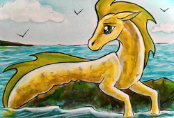 Size: 1280x864 | Tagged: safe, artist:sparkleforever, derpibooru import, oc, oc only, bird, merpony, seagull, seapony (g4), cloud, dorsal fin, green eyes, inktober, lying down, male, ocean, rock, sky, solo, water, yellow mane