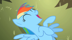 Size: 1280x720 | Tagged: safe, derpibooru import, screencap, rainbow dash, secret of my excess, ^^, eyes closed, female, lying down, on back, open mouth, solo