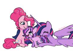 Size: 1955x1418 | Tagged: safe, artist:risswm, derpibooru import, pinkie pie, twilight sparkle, twilight sparkle (alicorn), oc, alicorn, earth pony, pony, unicorn, eyes closed, family, female, filly, foal, lesbian, magical lesbian spawn, mare, offspring, older, older pinkie pie, parent:pinkie pie, parent:twilight sparkle, parents:twinkie, shipping, simple background, smiling, twinkie, white background