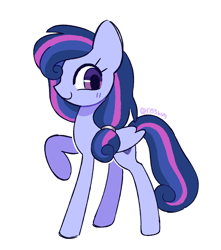 Size: 882x1000 | Tagged: safe, artist:risswm, derpibooru import, oc, oc only, pegasus, pony, female, looking at you, mare, offspring, parent:princess cadance, parent:shining armor, parents:shiningcadance, profile, simple background, smiling, solo, white background