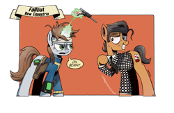 Size: 1107x722 | Tagged: safe, artist:iiapiiiubbiu, derpibooru import, oc, oc only, oc:littlepip, earth pony, pony, unicorn, fallout equestria, comic, fallout, fallout: new vegas, female, gun, handgun, little macintosh, magic, male, pipbuck, revolver, simple background, transparent background, weapon