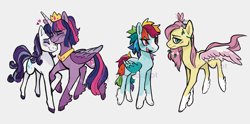 Size: 2047x1019 | Tagged: safe, artist:brobobot, derpibooru import, fluttershy, rainbow dash, rarity, twilight sparkle, twilight sparkle (alicorn), alicorn, butterfly, pegasus, pony, unicorn, coat markings, colored hooves, crown, eyes closed, female, jewelry, lesbian, nuzzling, peytral, rarilight, regalia, shipping, simple background, socks (coat marking), watermark, white background