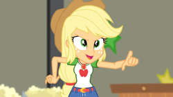 Size: 1920x1079 | Tagged: safe, derpibooru import, screencap, applejack, better together, equestria girls, holidays unwrapped, female, geode of super strength, magical geodes, pointing, solo, the cider louse fools