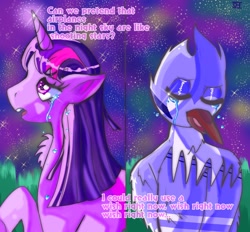 Size: 2048x1902 | Tagged: safe, artist:cheesebunart, derpibooru import, twilight sparkle, twilight sparkle (alicorn), alicorn, anthro, pony, aeroplanes and meteor showers, airplanes (song), anthro with ponies, crossover, crossover shipping, crying, female, male, mare, mordecai, mordetwi, night, regular show, shipping, stars, straight