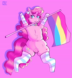 Size: 4691x5117 | Tagged: safe, artist:cheesebunart, derpibooru import, pinkie pie, earth pony, pony, chubby, clothes, female, flag, headcanon, lgbt headcanon, mare, mouth hold, pansexual pride flag, pink background, pride, pride flag, simple background, socks, solo, striped socks