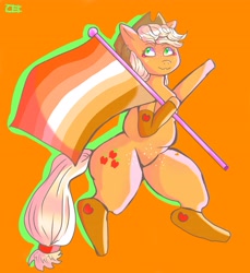 Size: 4691x5117 | Tagged: safe, artist:cheesebunart, derpibooru import, applejack, earth pony, pony, female, flag, hat, headcanon, lesbian pride flag, lgbt headcanon, mare, orange background, pride, pride flag, signature, simple background, solo, waving