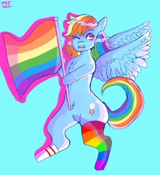 Size: 4691x5117 | Tagged: safe, artist:cheesebunart, derpibooru import, rainbow dash, pegasus, pony, blue background, blush sticker, blushing, clothes, female, flag, gay pride flag, headcanon, lgbt headcanon, mare, pride, pride flag, rainbow socks, signature, simple background, socks, solo, striped socks