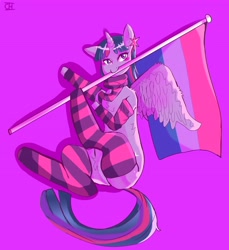 Size: 4691x5117 | Tagged: safe, artist:cheesebunart, derpibooru import, twilight sparkle, twilight sparkle (alicorn), alicorn, pony, bisexual pride flag, clothes, female, flag, headcanon, lgbt headcanon, mare, mouth hold, pride, pride flag, scarf, simple background, sitting, socks, solo, striped socks