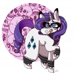 Size: 1963x1963 | Tagged: safe, artist:shinyantlers, derpibooru import, rarity, pony, unicorn, cuffs (clothes), female, goth, mare, raised hoof, raised leg, simple background, skull, smiling, solo, white background