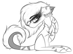 Size: 2542x1885 | Tagged: safe, artist:beamybutt, derpibooru import, oc, oc only, earth pony, pony, ear fluff, ears, earth pony oc, eyelashes, female, lineart, mare, monochrome, simple background, sitting, white background