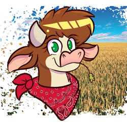 Size: 929x900 | Tagged: safe, artist:tranzmuteproductions, derpibooru import, arizona cow, cow, them's fightin' herds, female, neckerchief, smiling, solo, straw in mouth