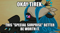 Size: 800x449 | Tagged: safe, derpibooru import, edit, edited screencap, screencap, queen chrysalis, frenemies (episode), blindfold, caption, female, image macro, makeameme.org, text