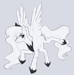 Size: 960x972 | Tagged: safe, artist:pparsley, derpibooru import, princess luna, alicorn, pony, black and white, crown, ethereal mane, ethereal tail, eye clipping through hair, eyebrows, eyebrows visible through hair, eyelashes, female, flowing mane, flowing tail, gray background, grayscale, hoof shoes, jewelry, looking at you, mare, missing horn, monochrome, peytral, raised hoof, raised leg, regalia, simple background, sketch, smiling, smiling at you, smirk, solo, spread wings, tail, transparent mane, wings