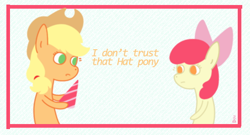 Size: 550x296 | Tagged: safe, artist:applehats, derpibooru import, apple bloom, applejack, earth pony, pony, female, filly, foal, hat, mare, party hat, text