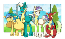 Size: 1772x1064 | Tagged: safe, artist:inuhoshi-to-darkpen, derpibooru import, oc, oc only, oc:aerospace, oc:coccinella, oc:misty skies, oc:stratos sphere, changeling, pegasus, pony, badge, clothes, cloud, cross-popping veins, ear fluff, ears, eye clipping through hair, feathered fetlocks, female, male, mare, open mouth, pegasus oc, sitting, smiling, stallion, uniform, unshorn fetlocks, wingpony badge, wonderbolt trainee uniform, wonderbolts academy (place)