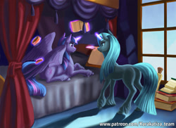 Size: 1500x1090 | Tagged: safe, artist:kirillk, derpibooru import, twilight sparkle, twilight sparkle (alicorn), oc, alicorn, pony, unicorn, bed, book, brush, female, quill, scroll, window