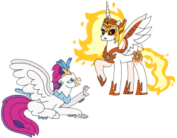 Size: 3065x2393 | Tagged: safe, artist:supahdonarudo, derpibooru import, daybreaker, queen novo, alicorn, classical hippogriff, hippogriff, my little pony: the movie, armor, crying, emotional, female, lying down, mane of fire, prone, raised hoof, raised leg, reaching out, simple background, surprised, transparent background