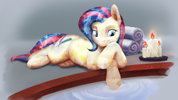 Size: 7680x4320 | Tagged: safe, artist:silfoe, derpibooru import, bonna fide, glamour gleam, honeysparkle, crystal pony, pony, candle, commission, commissioner:reversalmushroom, female, lying down, mare, on side, prone, water