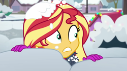 Size: 1920x1072 | Tagged: safe, derpibooru import, screencap, sunset shimmer, better together, equestria girls, holidays unwrapped, female, saving pinkie's pie, snow, solo