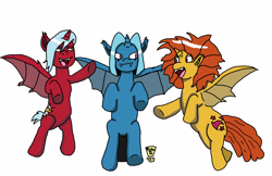 Size: 2296x1492 | Tagged: safe, artist:retro7, derpibooru import, decepticolt, goldcap, zappityhoof, bat pony, unicorn