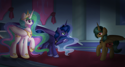 Size: 4991x2671 | Tagged: oc name needed, safe, artist:janelearts, derpibooru import, princess celestia, princess luna, oc, alicorn, pony, alicorn oc, female, grin, high res, horn, jewelry, looking at each other, male, mare, raised hoof, raised leg, regalia, royal sisters, siblings, sisters, smiling, smiling at each other, stallion, wings