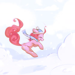 Size: 2022x2022 | Tagged: safe, artist:mirroredsea, derpibooru import, pinkie pie, earth pony, pony, clothes, cute, diapinkes, eyes closed, female, hat, jumping, mare, open mouth, open smile, scarf, smiling, snow, solo, winter