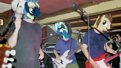 Size: 1280x720 | Tagged: safe, artist:theboognish, derpibooru import, edit, star hunter, thunderlane, human, pony, bass guitar, crescent moon, electric guitar, guitar, humanized, irl, irl human, male, megaphone, moon, musical instrument, photo, photo edit, ponies in real life, ween