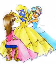 Size: 2640x2986 | Tagged: safe, artist:liaaqila, derpibooru import, oc, oc only, oc:azure/sapphire, oc:cold front, oc:disty, equestria girls, aurora, beauty and the beast, belle, cinderella, clothes, crossdressing, dress, eye clipping through hair, eyebrows, eyebrows visible through hair, eyes closed, femboy, feminization, gown, grin, high res, jewelry, makeover, male, mouth hold, plushie, ring, simple background, sleeping beauty, smiling, white background