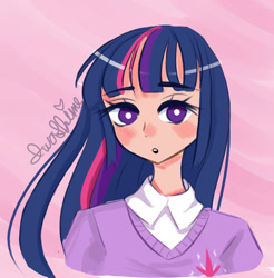 Size: 1024x1042 | Tagged: safe, artist:iwashime, derpibooru import, twilight sparkle, human, blushing, bust, clothes, female, humanized, portrait, solo