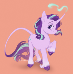 Size: 1383x1391 | Tagged: safe, artist:azazalia, artist:lintfreewipe, derpibooru import, starlight glimmer, classical unicorn, pony, unicorn, cloven hooves, female, leonine tail, orange background, raised hoof, raised leg, simple background, solo, unshorn fetlocks