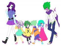 Size: 1280x960 | Tagged: safe, artist:ocean-drop, derpibooru import, rarity, spike, oc, oc:creme de la creme, oc:gem stone, oc:precious scales, oc:radiance, dracony, hybrid, equestria girls, family, female, holding hands, interspecies offspring, male, offspring, one eye closed, parent:rarity, parent:spike, parents:sparity, shipping, simple background, smiling, sparity, straight, white background