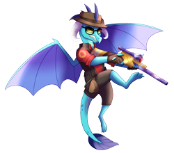 Size: 1707x1504 | Tagged: safe, artist:eternity9, derpibooru import, princess ember, dragon, bloodstone scepter, clothes, commission, fingerless gloves, flying, gloves, gritted teeth, gun, hat, rifle, simple background, sniper, sniper rifle, sunglasses, team fortress 2, transparent background, weapon