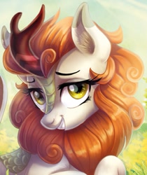 Size: 665x793 | Tagged: safe, artist:yulyeen, derpibooru import, edit, autumn blaze, kirin, sounds of silence, awwtumn blaze, beautiful, bedroom eyes, cloven hooves, cropped, cute, digital painting, ear fluff, ears, female, fern, grass, grin, leonine tail, looking at you, mare, painting, plant, profile, scales, shiny mane, sky, smiling, smiling at you, solo, sunshine, tail