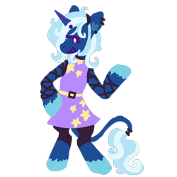 Size: 640x640 | Tagged: safe, artist:alicornfluttershy, derpibooru import, trixie, semi-anthro, unicorn, alternate design, clothes, leonine tail, redesign, simple background, solo, tail, transparent background, unshorn fetlocks