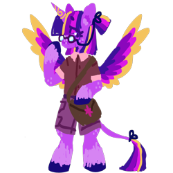 Size: 640x640 | Tagged: safe, artist:alicornfluttershy, derpibooru import, twilight sparkle, twilight sparkle (alicorn), alicorn, semi-anthro, alternate design, clothes, colored wings, glasses, redesign, simple background, solo, transparent background, unshorn fetlocks, wings