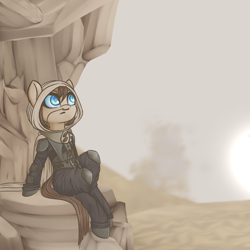Size: 2000x2000 | Tagged: safe, artist:plaguemare, derpibooru import, oc, oc only, earth pony, pony, blue eyes, cliff, clothes, desert, dune, earth pony oc, female, high res, hood, mare, mask, ponified, rock, sand, scarf, sitting, solo, stillsuit, sunrise, unnamed oc