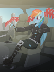 Size: 1200x1600 | Tagged: safe, artist:willoillo, derpibooru import, rainbow dash, anthro, pegasus, boots, car, car interior, clothes, commission, driving, female, grin, jacket, leather jacket, pedal, punk, shoes, smiling, solo