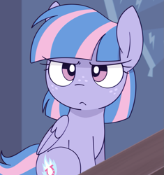 Size: 1027x1091 | Tagged: safe, artist:shinodage, wind sprint, pegasus, pony, angry, cute, female, filly, foal, frown, grumpy, looking at you, madorable, sitting, solo, sprintabetes