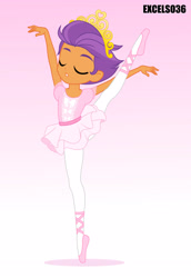 Size: 2480x3595 | Tagged: safe, artist:excelso36, derpibooru import, tender taps, human, equestria girls, ballerina, ballet dancing, ballet slippers, clothes, crossdressing, en pointe, equestria girls-ified, eyes closed, girly, gradient background, humanized, jewelry, male, simple background, sissy, solo, splits, standing, standing splits, tiara, tutu