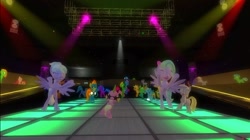 Size: 1024x575 | Tagged: safe, artist:undeadponysoldier, applejack, cloudchaser, derpy hooves, dj pon-3, flitter, rainbow dash, spike, spitfire, vinyl scratch, oc, dragon, earth pony, pegasus, pony, unicorn, 3d, club, cupcake, cute, dance floor, dance party, dancing, dj, eyes closed, female, gala dress, glass, gmod, grin, happy, looking at you, male, mare, party, ramp, so much pony, spotlight, star glasses, unknown pony, wonderbolts uniform