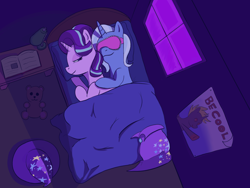 Size: 1600x1200 | Tagged: safe, artist:bigboydover, derpibooru import, starlight glimmer, trixie, pony, unicorn, bed, bedroom, blanket, book, cape, clothes, cuddling, eyeware, female, hat, lamp, lesbian, plushie, poster, shipping, sleep mask, sleeping, sleeping together, startrix, teddy bear, tired, trixie's cape, trixie's hat, window